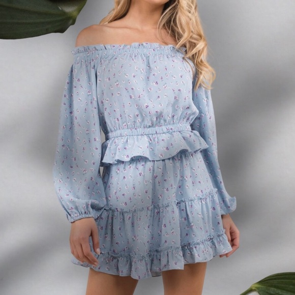 NEW Sky Blue & Purple Floral Off Shoulder Long Sleeve Peasant Top & Skirt Set - Picture 2 of 4